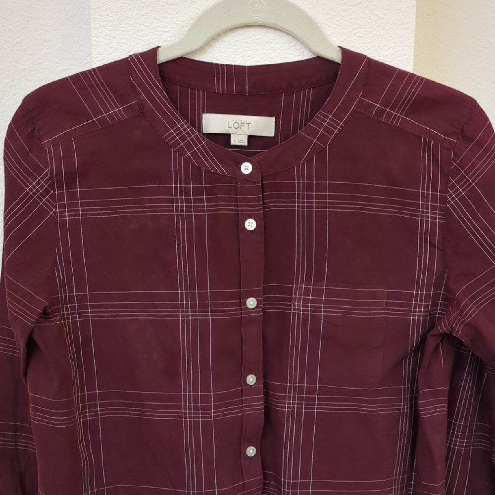 LOFT Maroon Checkered Button-Down Shirt, Small